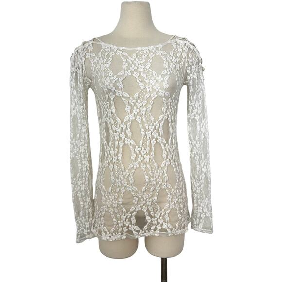 Free People Sheer Lace-Up Shoulder Stretchy Floral Top Blouse White | M - Picture 1 of 9